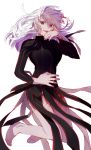  1girl absurdres barefoot black_dress body_markings creat dark_sakura dress fate/stay_night fate_(series) full_body hair_ribbon hand_on_own_cheek heaven&#039;s_feel highres long_dress long_hair looking_at_viewer matou_sakura red_eyes ribbon simple_background smile solo white_background 