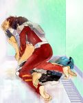  2boys athrun_zala barefoot blue_hair brown_hair closed_eyes clothed_sex gundam gundam_seed hand_on_another&#039;s_face highres implied_sex jtr kira_yamato kneeling multiple_boys pilot_suit short_hair showering yaoi 