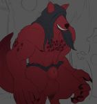  animal_genitalia anthro balls big_balls canid canine canis claws clothing fur genitals hi_res male mammal red_body red_fur sheath smile solo were werecanid werecanine werewolf wolf zoma zomacaius 