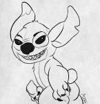  2019 alien anus black_and_white butt chest_tuft claws disney experiment_(lilo_and_stitch) fur genitals hand_on_penis head_tuft hi_res holding_penis lilo_and_stitch looking_at_viewer male monochrome mraurem notched_ear open_mouth open_smile penis semi-anthro signature simple_background sketch small_tail smile solo stitch_(lilo_and_stitch) tuft white_background 