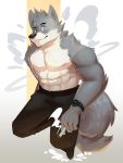 3:4 abs anthro biceps bottomwear canid canine canis cigarette cilok clothed clothing digital_media_(artwork) fur hi_res looking_at_viewer male mammal muscular muscular_anthro muscular_male nipples pecs simple_background smoking solo topless wolf 
