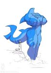  anthro blue_body blue_scales breasts cleavage cliff clothed clothing conditional_dnp crossed_arms empty_eyes female fish jollyjack kaiju lighthouse macro marine muscular muscular_anthro muscular_arms muscular_female muscular_legs non-mammal_breasts restricted_palette scales sea shark solo water white_eyes 