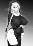  1girl breasts covered_navel covered_nipples cross greyscale highres houtengeki huge_breasts long_hair long_sleeves looking_at_viewer monochrome nun original puffy_long_sleeves puffy_sleeves solo sweat thighhighs thighs 