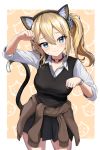  1girl animal_ears arm_up bangs black_skirt blonde_hair blue_eyes blue_scrunchie blush breasts cat_ears cat_tail choker closed_mouth clothes_around_waist collarbone collared_shirt commentary_request cowboy_shot fake_animal_ears fake_tail go_(mumuke) hair_between_eyes hair_ornament hair_scrunchie hand_up hayasaka_ai highres kaguya-sama_wa_kokurasetai_~tensai-tachi_no_renai_zunousen~ large_breasts long_hair long_sleeves looking_at_viewer paw_pose pleated_skirt revision school_uniform scrunchie shirt shuuchiin_academy_uniform side_ponytail skirt smile solo sweater sweater_around_waist tail white_shirt 