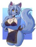  2020 5_fingers alpha_channel anthro bikini bikini_top black_nose blue_body blue_fur blue_hair breasts canid canine canis chest_tuft clothing collar countershading female fingers fur hair inner_ear_fluff kdhynamo looking_at_viewer maku_(maku450) mammal pawpads portrait sarong simple_background smile solo swimwear three-quarter_portrait transparent_background tuft white_countershading wide_hips wolf yellow_eyes 