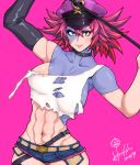  1girl 2019 abs alternate_costume belt belt_buckle black_choker black_gloves blue_eyes breasts buckle choker cleavage collarbone commentary_request crop_top cutoffs denim denim_shorts elbow_gloves final_fight gloves grey_skin halloween highres holding holding_whip hori_shin large_breasts lips looking_at_viewer micro_shorts midriff navel no_bra patchwork_skin pink_background pink_hair pink_headwear poison_(final_fight) short_hair shorts sideboob signature single_elbow_glove single_strap solo spiked_hair street_fighter street_fighter_v thigh_strap torn_clothes two-tone_skin zombie 