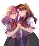  2girls blue_eyes brown_hair creat fate/stay_night fate_(series) hair_ribbon highres holding_hands homurahara_academy_uniform long_hair matou_sakura multiple_girls purple_eyes purple_hair ribbon siblings simple_background sisters smile tohsaka_rin white_background 