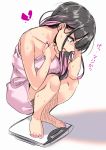  1girl absurdres bangs bare_shoulders black_hair broken_heart commentary eyebrows_visible_through_hair eyes_visible_through_hair highres himekawa_(shashaki) holding holding_towel long_hair mole mole_under_eye multicolored_hair naked_towel original pink_hair pink_nails pink_towel purple_eyes purple_nails shashaki sidelocks squatting toenail_polish towel translated two-tone_hair weighing_scale wet wet_hair white_background 