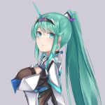  1girl bangs breasts chest_jewel earrings from_side green_eyes green_hair grey_background highres jewelry large_breasts long_hair long_ponytail looking_at_viewer pneuma_(xenoblade) ponytail sarasadou_dan simple_background solo swept_bangs tiara xenoblade_chronicles_(series) xenoblade_chronicles_2 