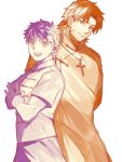  2boys chinese_clothes creat cross cross_necklace emiya_shirou fate/stay_night fate_(series) fist_in_hand highres jewelry kotomine_kirei looking_at_viewer male_focus monochrome multiple_boys necklace short_hair simple_background smile spot_color upper_body white_background 