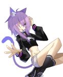  1girl absurdres animal_ears cat_ears cat_girl cat_tail cowlick cropped_shirt ghost_(tama) highres hololive looking_at_viewer medium_hair navel nekomata_okayu one_eye_covered purple_eyes purple_hair solo tail tongue tongue_out virtual_youtuber 