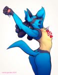  2020 anthro blue_body blue_fur butt canid canine censored digital_drawing_(artwork) digital_media_(artwork) eyes_closed falvie female fur hi_res lucario mammal nintendo nude open_mouth pok&eacute;mon pok&eacute;mon_(species) raised_arm signature simple_background solo stretching video_games yawn 