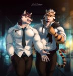  anthro badtiger canid canine canis clothing digital_media_(artwork) felid fur group hi_res male mammal multicolored_body multicolored_fur muscular muscular_anthro muscular_male pantherine stripes tiger 