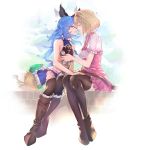  2girls absurdres animal_ears black_legwear blonde_hair blue_hair blue_skirt boots breast_grab breasts brown_legwear closed_eyes couple djeeta_(granblue_fantasy) ferry_(granblue_fantasy) floating_hair frilled_legwear frilled_skirt frills full_body grabbing granblue_fantasy hair_tubes hairband half-closed_eyes heart high-waist_skirt highres imminent_kiss knee_boots long_hair looking_at_viewer looking_to_the_side miniskirt multiple_girls parted_lips pink_hairband pink_skirt reki_(dezuko) shiny shiny_hair shirt short_sleeves sideboob sitting skirt small_breasts thighhighs white_background white_shirt yuri 