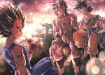  3boys :d black_eyes black_hair blue_sash boots bracer broly_(dragon_ball_super) chest crossed_legs dougi dragon_ball dragon_ball_super dragon_ball_super_broly drinking drinking_straw expressionless gloves horizon looking_at_another male_focus mattari_illust multiple_boys muscle open_mouth pants purple_pants sash scar sitting sky smile son_goku spiked_hair talking twitter_username vegeta white_gloves 