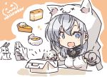  1girl alternate_costume animal_hood box cake chou-10cm-hou-chan_(suzutsuki&#039;s) commentary_request food ghost gloves grey_eyes halloween halloween_costume hood kantai_collection long_hair nakadori_(movgnsk) open_mouth paw_gloves paws pie silver_hair smile suzutsuki_(kantai_collection) upper_body 