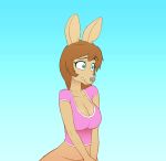  2020 animated anthro bendzz big_breasts blue_background blue_eyes breast_expansion breasts brown_hair clothing expansion female hair hi_res kangaroo looking_down macropod mammal marsupial navel nipples open_mouth pouch_(anatomy) shirt short_playtime simple_background solo surprise topwear torn_clothing 