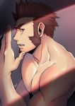  1boy bara blue_eyes brown_hair chest facial_hair fate/grand_order fate_(series) from_side goatee hand_up highres kashi_kosugi light male_focus muscle napoleon_bonaparte_(fate/grand_order) shirtless short_hair sideburns solo spiked_hair whispering 
