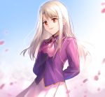  1girl aki_(neyuki41028) arms_behind_back ascot bangs blurry blurry_background collared_shirt day dress_shirt eyebrows_visible_through_hair eyelashes fate/stay_night fate_(series) floating_hair hair_intakes illyasviel_von_einzbern long_hair long_sleeves outdoors pink_neckwear pleated_skirt purple_shirt red_eyes shiny shiny_hair shirt silver_hair skirt solo standing very_long_hair white_skirt wing_collar 