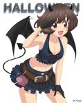  1girl absurdres acrux akiyama_yukari artist_name blush breasts brown_eyes brown_hair cleavage collarbone dated demon_girl demon_horns demon_tail demon_wings girls_und_panzer halloween highres horns large_breasts looking_at_viewer miniskirt navel open_mouth shiny shiny_hair shiny_skin short_hair simple_background skirt smile solo tail white_background wings 