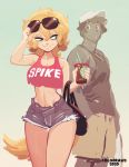  2020 anthro beverage blonde_hair blue_eyes bottomwear canid canine canis clothing colo cutoffs denim denim_clothing domestic_dog duo eyewear eyewear_on_head female hair hi_res looking_back male mammal midriff purse shorts sunglasses sunglasses_on_head tooth_gap 