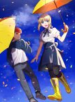  1boy 1girl ahoge artoria_pendragon_(all) blonde_hair boots confetti creat denim dress emiya_shirou fate/stay_night fate_(series) full_body green_eyes highres jeans looking_at_another pants pantyhose raglan_sleeves red_hair saber sky smile umbrella walking_on_air yellow_eyes yellow_umbrella 