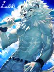  3:4 5_fingers abs anthro baseball_bat bat_(object) blue_eyes blue_sky bottomwear clothed clothing cloud felid fingers fur hi_res holding_object leo_(saitama_seibu_lions) lion male mammal mane mascot muscular muscular_anthro nippon_professional_baseball pantherine pants saitama_seibu_lions sky sky_(artist) solo topless whiskers white_body white_bottomwear white_clothing white_fur white_mane white_pants wristband 