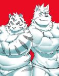  2020 anthro barazoku belly bulge canid canine clothing duo felid hi_res kemono male male_focus mammal muscular muscular_male noko_illust overweight overweight_male pantherine red_background simple_background tiger underwear 