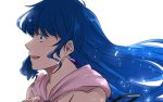  1girl blue_eyes blue_hair choujikuu_yousai_macross close-up floating_hair from_side highres kisa_(kisa-kisa5900) looking_ahead lynn_minmay macross open_mouth solo white_background 