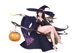  1girl akagi_(warship_girls_r) alternate_costume babydoll black_babydoll black_hair breasts broom broom_riding candy candy_wrapper collarbone food halloween halloween_bucket halloween_costume hat highres holding_water jack-o&#039;-lantern japanese_clothes kimono large_breasts lollipop long_hair niejianli open_clothes open_kimono purple_kimono red_eyes sidesaddle very_long_hair warship_girls_r wide_sleeves witch witch_hat 