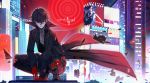  1boy 2020 amamiya_ren bangs black_coat black_hair black_pants closed_mouth coat full_body gloves hair_between_eyes highres looking_at_viewer mask night outdoors pants persona persona_5 red_eyes red_gloves short_hair signature solo squatting tandong 