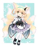  1919_decoy 1girl :d animal_ears arknights black_gloves blonde_hair blue_background blush chibi commentary fox_ears fox_tail full_body gloves green_eyes hair_rings hairband highres id_card looking_at_viewer multiple_tails open_mouth pantyhose short_hair smile solo standing suzuran_(arknights) tail torn_clothes torn_legwear two-tone_background white_background white_legwear 