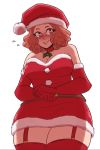  blush breasts brown_hair christmas cleavage dress elbow_gloves fur_trim garter_straps gloves hat holly large_breasts looking_at_viewer mistletoe okumura_haru persona persona_5 red_dress red_gloves santa_costume santa_hat scruffyturtles short_dress smile thick_thighs thighhighs thighs 