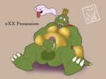  anthro armor belly boo_(mario) camsan_r_s crocodile crocodilian crocodylid crown donkey_kong_(series) glowing glowing_eyes hi_res king_boo king_k._rool luigi&#039;s_mansion male male/male mario_bros masturbation nintendo overweight possession reptile scales scalie slightly_chubby smile solo video_games 