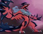  blue_eyes commentary_request donnpati gen_6_pokemon legendary_pokemon no_humans open_mouth outstretched_arms pokemon pokemon_(creature) solo standing tail talons tongue wings yveltal 