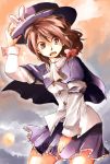  black_skirt blowing brown_hair capelet dawn fedora hat holding holding_clothes holding_hat long_sleeves looking_down miniskirt scarf shirt skirt solo solo_focus touhou usami_renko white_shirt 