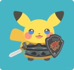  :3 :d armor blue_background clothed_pokemon commentary cosplay_request full_body gen_1_pokemon holding holding_shield holding_sword holding_weapon looking_at_viewer no_humans open_mouth pikachu pokemon pokemon_(creature) rizu_(rizunm) shield simple_background smile solo standing sword twitter_username watermark weapon 