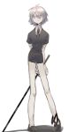  1boy black_neckwear black_shorts collared_shirt full_body gem_uniform_(houseki_no_kuni) hair_between_eyes highres holding holding_sword holding_weapon houseki_no_kuni long_legs nagisa_kaworu necktie neon_genesis_evangelion puffy_short_sleeves puffy_sleeves shiny shiny_hair shirt short_hair short_shorts short_sleeves shorts silver_hair simple_background solo sword tami_moteto weapon white_background wing_collar 