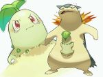  blush chikorita commentary_request donnpati fang fire flame flying_sweatdrops gen_2_pokemon highres looking_at_another no_humans open_mouth paws pokemon pokemon_(creature) red_eyes standing tearing_up tongue typhlosion yellow_fur 