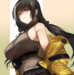  1girl bangs bare_shoulders black_hair braid breasts brown_shirt closed_mouth eyebrows_visible_through_hair from_below girls_frontline heterochromia highres jacket kojima_(blue_stardust) large_breasts long_hair low_tied_hair multicolored_hair off_shoulder ro635_(girls_frontline) shirt sleeveless sleeveless_shirt streaked_hair underbust yellow_jacket 