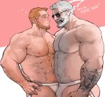  2boys abs ass bara beard brown_hair bulge chest chest_hair english_text facial_hair hairy highres jang_ju_hyeon jockstrap male_focus multiple_boys muscle navel navel_hair nipples old_man original short_hair simple_background sunglasses tattoo thick_thighs thighs underwear underwear_only white_hair yaoi 