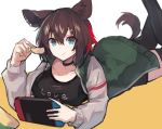  1girl animal_ears arknights bangs brown_hair catapult_(arknights) chips closed_mouth commentary_request eating eyebrows_visible_through_hair food hair_between_eyes holding holding_food jacket long_sleeves looking_at_viewer lying nintendo_switch on_stomach sasa_onigiri shirt short_hair smile solo tail thighhighs 