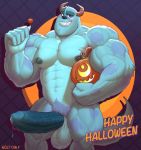  5_fingers abs balls blue_balls blue_body blue_fur blue_penis blush bodily_fluids candy claws dessert disney dripping english_text erection fingers food fur genital_fluids genitals grin halloween hi_res holding_candy holding_food holding_object holidays horn humanoid jack-o&#039;-lantern lollipop male monster monsters_inc muscular muscular_humanoid muscular_male nipples nude pecs penis pixar precum precum_drip pubes purple_eyes sharp_teeth smile solo sulley teeth text vein veiny_balls veiny_penis wolfconfnsfw 