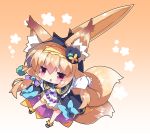  1girl animal_ear_fluff animal_ears bangs black_headwear black_jacket blush brown_background brown_hair chibi commentary_request dress eyebrows_visible_through_hair fang floral_background flower_knight_girl fox_ears fox_girl fox_tail full_body gradient gradient_background hair_between_eyes hairband hat highres jacket kitsune kitsune_no_botan_(flower_knight_girl) long_hair long_sleeves milkpanda mini_hat multiple_tails open_clothes open_jacket parted_lips puffy_long_sleeves puffy_sleeves red_eyes sleeves_past_wrists solo sword tail tilted_headwear two_tails very_long_hair weapon white_background white_dress yellow_hairband 
