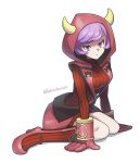 1girl artist_name breasts commentary_request courtney_(pokemon) eyelashes fake_horns full_body gloves half-closed_eyes hood hood_up horns leaning_forward lobolobo2010 pokemon pokemon_(game) pokemon_oras purple_eyes purple_hair ribbed_sweater sitting solo sweater team_magma team_magma_uniform watermark white_background 