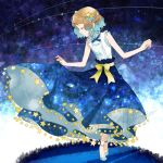  1girl aqua_footwear blue_ribbon bow closed_eyes commentary_request dress eyelashes flowing_dress hair_ornament holding holding_clothes holding_dress kanimaru light_brown_hair neck_ribbon pokemon pokemon_(anime) pokemon_xy_(anime) ribbon serena_(pokemon) shoes short_hair skirt sleeveless solo sparkle standing star_(symbol) yellow_bow 
