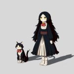  1girl avogado6 black_dress black_hair cat closed_mouth different_shadow dress grey_background jitome long_hair long_sleeves no_mouth original sash simple_background skirt socks solo standing white_legwear white_skirt yellow_eyes 