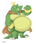  2020 absurd_res anthro belly big_belly canson cape claws clothing crocodilian crown donkey_kong_(series) fangs gesture green_body hi_res jewelry king_k._rool kremling male navel nintendo overweight overweight_anthro overweight_male plantigrade pointing pointing_at_self reptile scalie sharp_teeth simple_background smile solo teeth video_games white_background yellow_body 