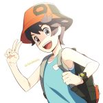  1boy artist_name backpack bag bangs black_bag black_hair commentary_request elio_(pokemon) fingernails grey_eyes hand_up hat holding_strap lobolobo2010 male_focus open_mouth pokemon pokemon_(game) pokemon_usum red_headwear solo teeth tongue upper_body v watermark z-ring 