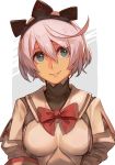  1girl blue_eyes breasts closed_mouth collar dress elphelt_valentine guilty_gear hungry_clicker looking_at_viewer medium_breasts puffy_sleeves red_ribbon ribbon shirt short_hair simple_background smile solo white_hair 